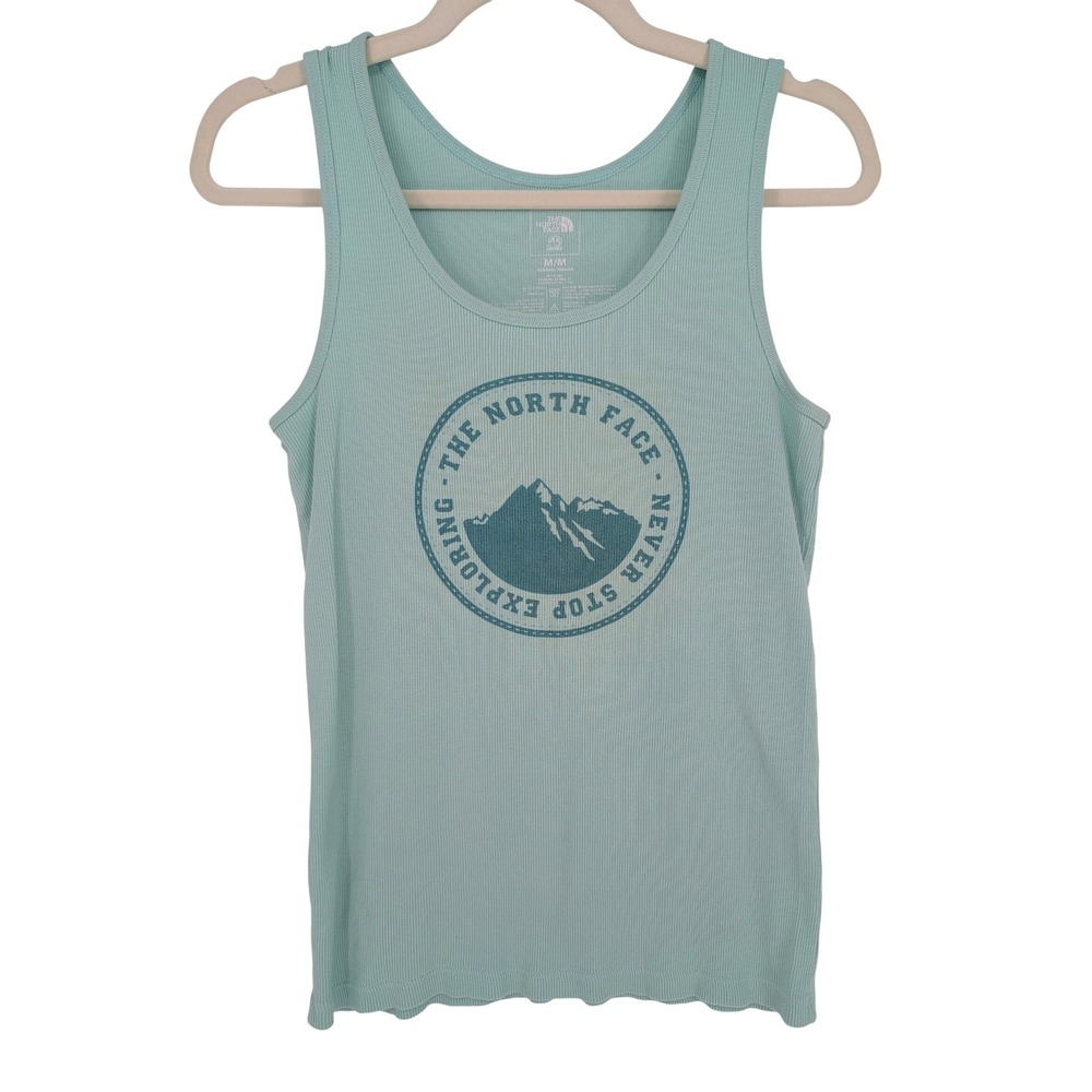 Y2K The North Face Tank Womens M Seafoam Green Blue Ribbed Logo Graphic Gorpcore